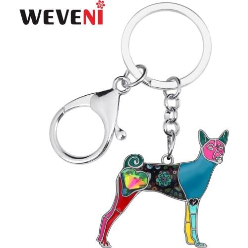 WEVENI Enamel Alloy Rhinestone Floral Basenji Dogs Keychains Fashion Pets Bag Key Chain Ring Jewelry For Women Girls Unique Gift