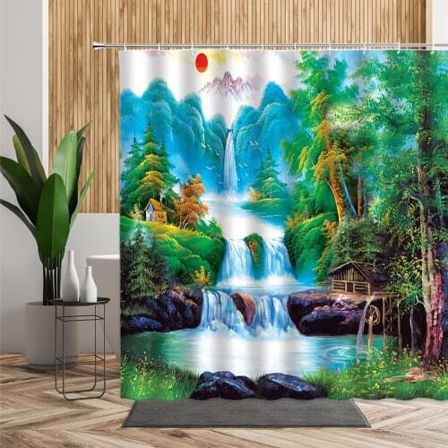 Tropical Forest Natural Scenery Shower Curtain Landscape Waterfall Background Bathroom Partition Waterproof Fabric Bath Curtains