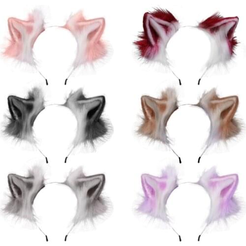 Women Girls Furry Plush Foldable Wolf Cat Ears Headband Contrast Color Simutation Animal Hair Hoop Japanese Kawaii Cosplay Hair