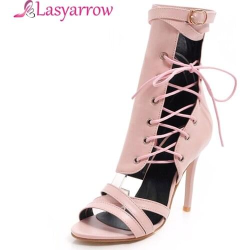 Lasyarrow Roman Buckle Strap Shoes Women Sandals Sexy Gladiator Lace Up Peep Toe Sandals High Heel Woman Ankle Boots Black White