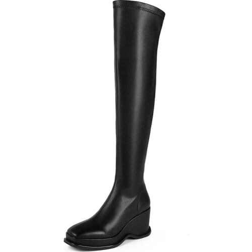 Wedges Heels Square Toe Women Slim Thigh High Boots Zipper Elastic Microfiber Thick Bottom Over-the-Knee Concise Party Shoes 40