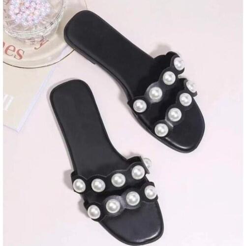 Women Slippers Fashion Large Pearl Sandals Shoes Female Lazy Drag Plus Size 42 Flat Shoes Western Style Ladies Flip Flop Casual
