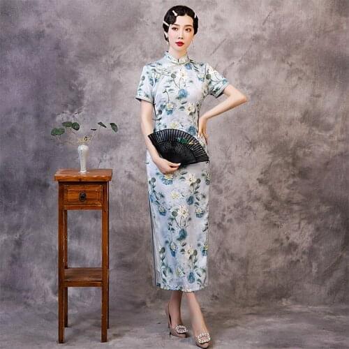 Slim Classic Print Flower Cheongsam Sexy Satin Mandarin Collar Qipao Evening Party Dress Gown Female Elegant Summer Long Vestdos