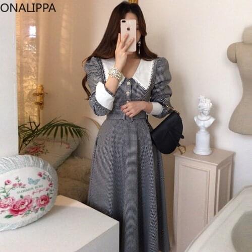 ONALIPPA Women Dress 2021 Autumn French Elegant Temperament Lapel Lace Check Chic Single-Breasted Waist Puff Sleeve Vestidos