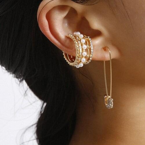 1pair Crystal Pearl Earrings Clip Fashion Pin Shape Stud Drop Earrings Jewelry Gift
