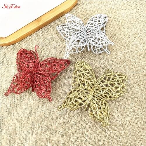 10Pcs Christmas Artificial Hollow Butterfly Christmas Decorations Flower New Year Wedding Party Decorations Flowers 6Z