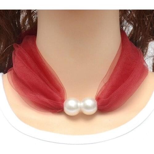 2021 Spring New Arrival Net Yarn Pearl Scarf Necklace Women Fashion Elegant Choker Party Jewelry Gift Pure Color Scarf Necklaces