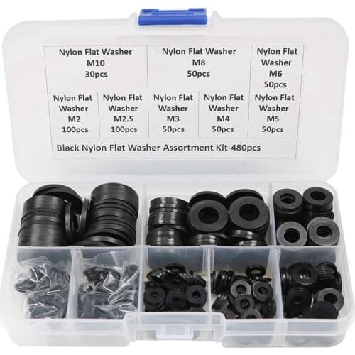 480 Pcs Nylon Flat Round Washers Gaskets Spacers Assortment Set for Screw Bolt(Black)