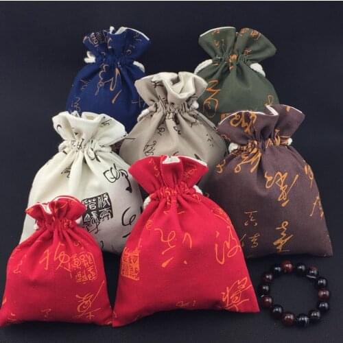 Large Cotton drawstring bags Wholesale Jewelry Pouches Gift Chinese calligraphy Word Linen sachet Bags Wedding favors 50pcs/lot