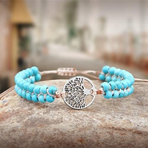 4mm Turquoises Beads Handmade Bracelet Tree of Life Charms Natural Stone Boho Wrap Bracelets&Bangles Couples Friendship Jewelry