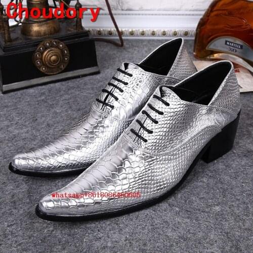 Choudory European Style Fashion Brogue Shoes Lace Up Mens Shoes High Heels python skin Leather Formal Dress Wedding Shoes