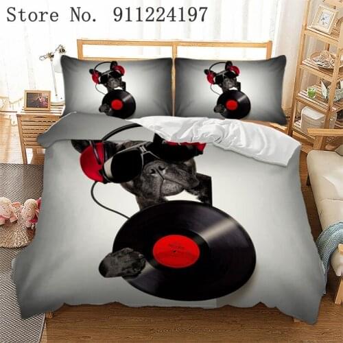 Animals Home Decor Bedding Sets Queen Size 3pcs Soft Comfortable Bed Covers Bed Linen Dog Vinyl Records Pattern Duvet Cover Set