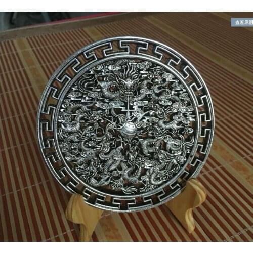 Exquisite Chinese Tibetan Silver Collection Decoration Nine-Dragons Auspicious Clouds Round Plate