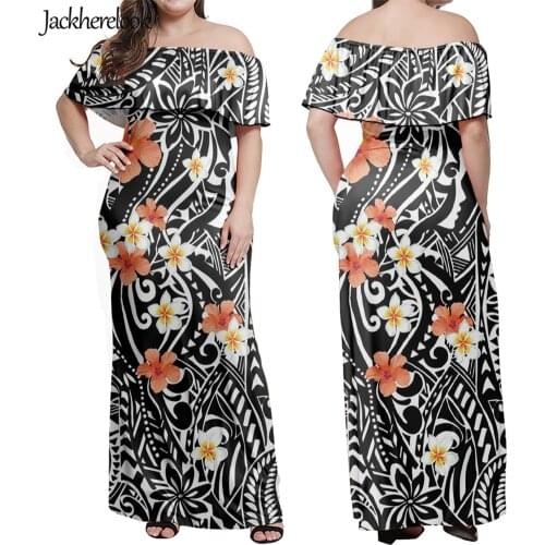 Jackherelook Women Stylish Off Shoulder Dress Black Polynesian Hibiscus Hawaii Long Maxi Dress Layered Ruffle Evening Party Robe