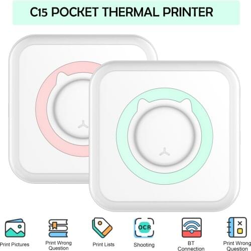 C15 Pocket Thermal Printer Portable Mini Wireless BT Connect 200dpi Photo Label Memo Wrong Question Printing with 1 Roll Paper