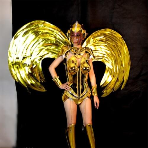 KS26 Catwalk performance dress gold mirror stage costumes aromor robot women bodysuit show wears armor suit wings backplane bar