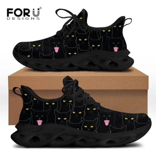 FORUDESIGNS Lightweight Shoes Womens Flats Sneakers Cute Black Cat Yellow Eyes Printed Breathable Soft Footwear For Girlls 2021
