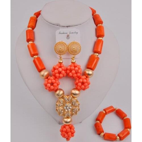 Fashion Orange Nigerian Coral Beads African Wedding Coral Necklace Jewelry Set for Women 12-K-03
