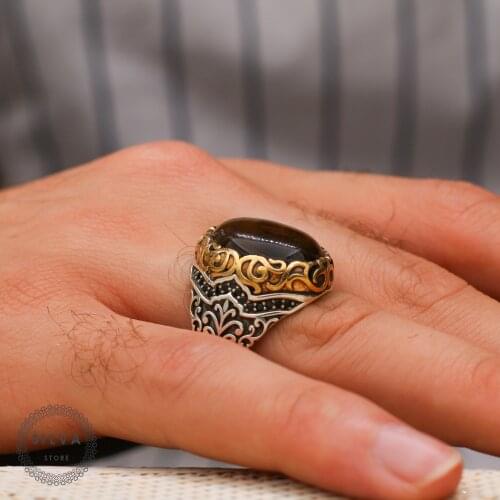 Tiger Eyes Agate Aqeeq 925 silver mens ring. Mens jewelry stamped with silver stamp 925 All sizes are available