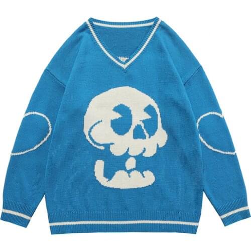 Aolamegs Sweater Men Skeleton Embroidery V-Neck Knitted Jumpers Harajuku Punk Cool Fashion Tops Couple Oversized Cozy Streetwear
