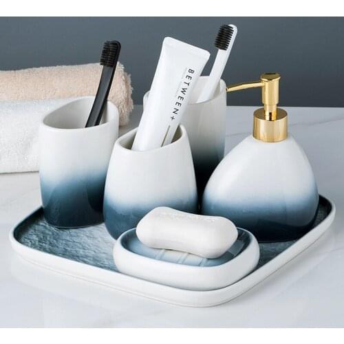 Gradient Gray Ceramic Bathroom Five-piece Wash Set Couple Brushing Teeth Cup Bathroom Supplies Appliance with Tray
