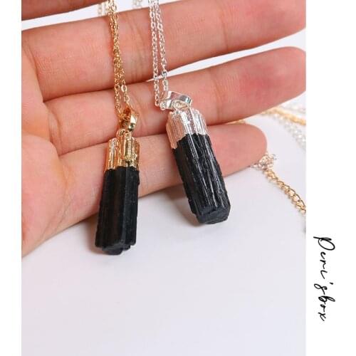 New Gold Silver Color Dipped Black Tourmaline Pendant Necklace Raw Stone Schorl Chakra Healing Crystal Point Pendant Colar