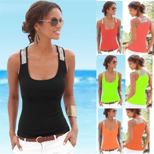 Popular Womens Sequined Stitching Square Neck Sleeveless Top Sexy All-match Vest Top