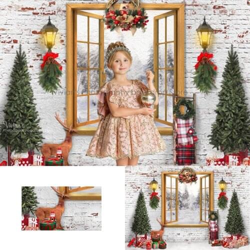 Christmas Brick Wall Photography Backdrop Kids Photocall Adult Family Portrait Window Snowy Forest Trees Gifts Baby Photostudio