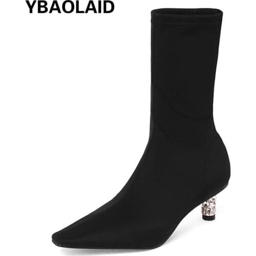 Lycra Elastic Stocking Boots Autumn New Mature Temperament Pointed Toe Rhinestone Thin Mid-heel Short Boots Fashion Boots