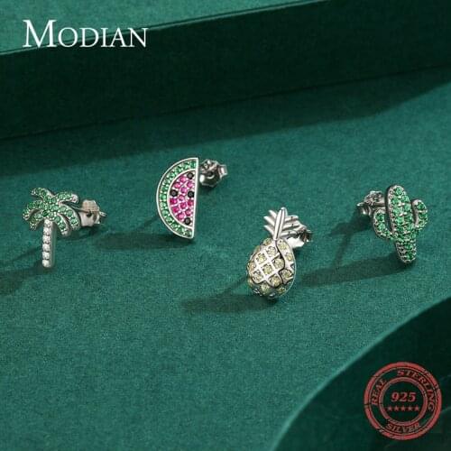 Modian 1PC Pure 925 Sterling Silver Cute Watermelon Cactus Coconut tree Crystal Small Stud Earrings For Women Party Fine Jewelry