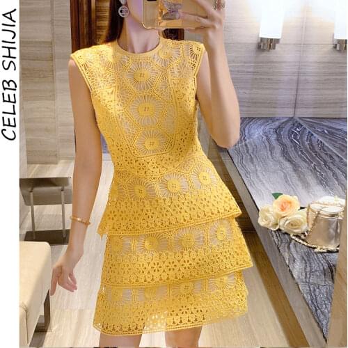 Yellow Lace Summer Dress Woman Runway Design Sleeveless High Waist Bodycon Dress Female Patchwork Luxury Party Mini Dresses Lady
