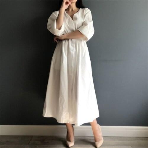 GOOHOJIO New 2020 Women Dresses Spring Summer Cotton and Linen Elegant Pleated Long White Dresses V Neck Lace Up Bow One Size