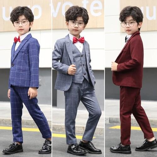 Baby Boys Dress Suits Autumn Winter Korean Plaid 4pcs Formal Sets For Boys Kids Vest Blazer Pants Shirt Performance Suit 2-11 Y