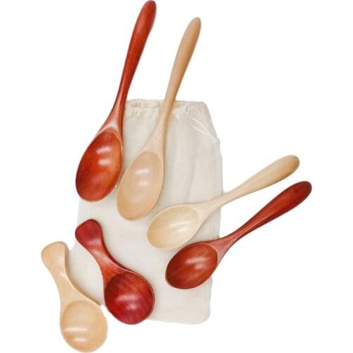 6PCS Reusable Wooden Spoons Set Natural Wood Eating Spoon Teaspoons Measuring Scoop Seasoning Salt Spoon
