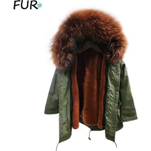 Kids Army Green Coat Parkas Childrens Natural Rabbit Fur Coat Winter Warm Baby Outerwear Coat Raccoon Fur Collar Solid Coat
