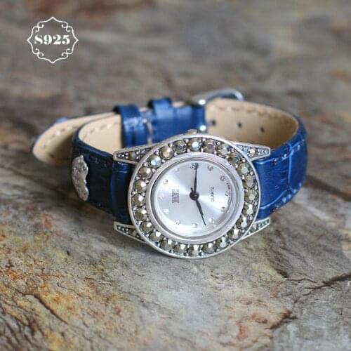 Hot Sale Top Brand HF Limited Classic S925 Silver Leather Watch Leather Band Real Silver Bracelet Watches Hot Sale Silver Bangle