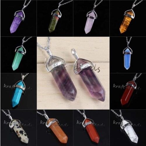 KFT Natural Healing Crystal Quartz Lapis Lazuli Fluorite Hexagon Double Terminator Reiki Stone Pendant Necklace Chain 20inch