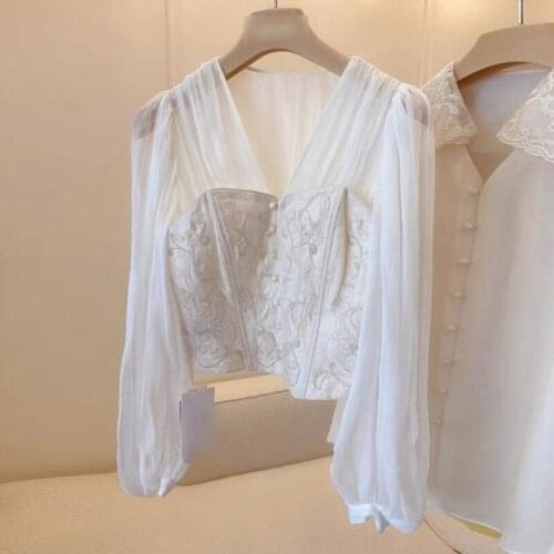 Lace V-Neck Blouse Women 2021 Spring Long Sleeve Party Sexy Base Shirt Female Korea Style Elegant Office Lady Slim Tops