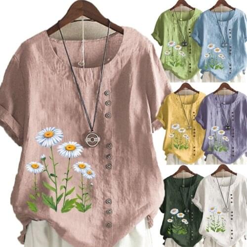 Summer Fashion Women Clothing Round Neck Daisy Printed Shirt Short Sleeve Casual Blouse Tops & T-Shirts