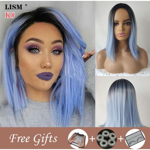 Fashion Blonde Wig with Bangs Blue Straight Short Perruque Synthetic Lace Pelucas Sinteticas Mujer Femme Purple Water Wave