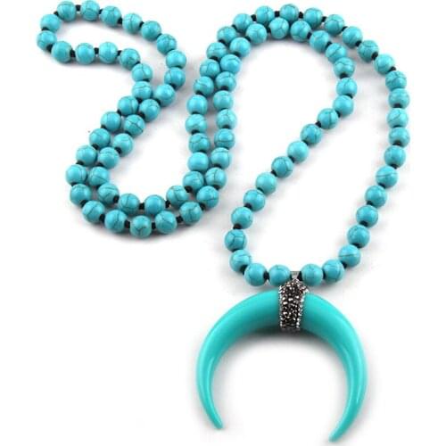 MOODPC Fashion Bohemian Jewelry Blue/White Color Knotted Stone Moon Pendant Necklaces For Women