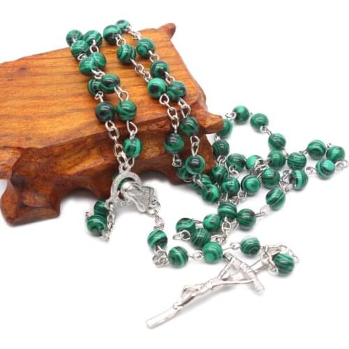 Malachite Cross Pendant Rosary Beads Chain Necklace Christian Religion Men Charm