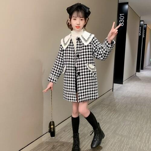 Girls new woolen coat Girls long windbreaker Girl simple fashion windbreaker jacket Girls' ferret woolen check coat
