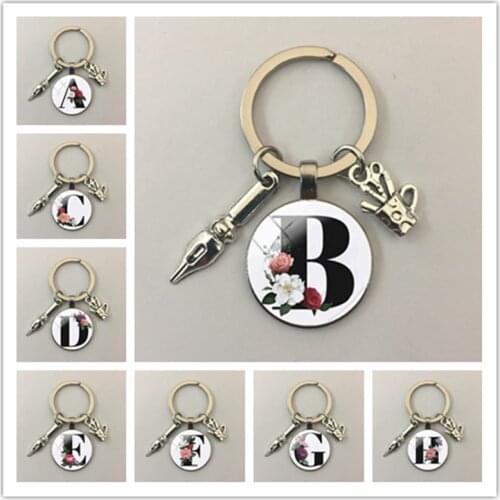 New A-Z letter pen holder keychain fountain pen keychain glass cabochon fashion jewelry high quality car decoration keychain