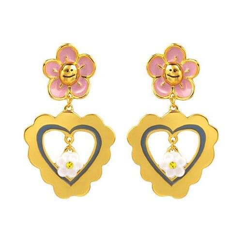 New French Heart-shaped Flower Pendant Earrings Pink Temperament Hand-painted Enamel Glaze 925 Silver Needle Stud Earrings Clip