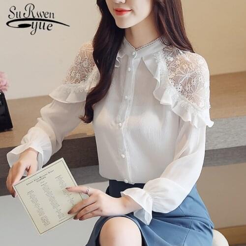 Solid Stand Collar Chiffon Blouse Women 2020 Spring Long Sleeve Shirt Korean Office Lady Lace Tops White Loose Blouse 7959 50