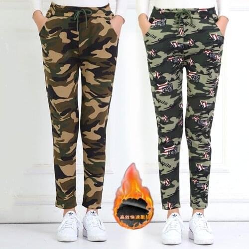 Autumn and winter elastic camouflage pants womens high waist Plush outdoor sports leisure pants military pants thickened large