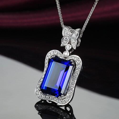 QTT 925 Silver Necklace Clavicle Chain Temperament Butterfly Square CZ Blue Luxury Pendants Chian For Women Wedding Party