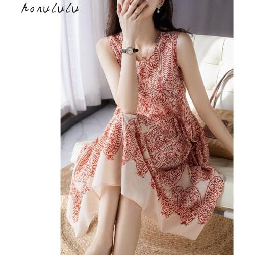 2021 summer new fresh and retro next section positioning cashew print silk cotton sleeveless mid-length dress