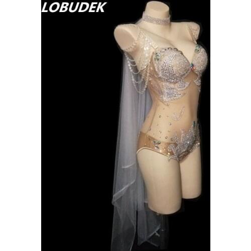 Sleeveless Nude Transparent Mesh Rhinestones Bodysuit Leotard Lady Singer Dancer Stage Wear Bar Nightclub Sexy DJ Dance Costume